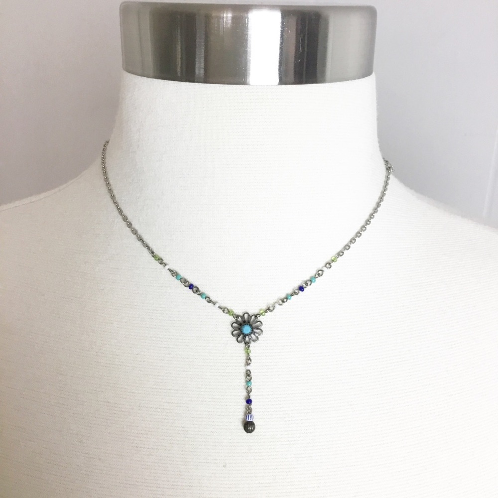Vintage Floral Necklace With Turquoise & Blue Beads